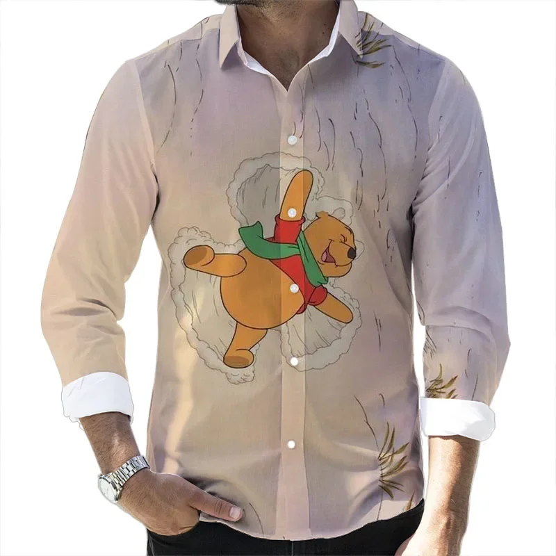 2023 Fall Hot Disney Cartoon Casual 3D Printed Long Sleeve Lapel Shirt Slim Fit Mickey and Stitch Brand Men's Top