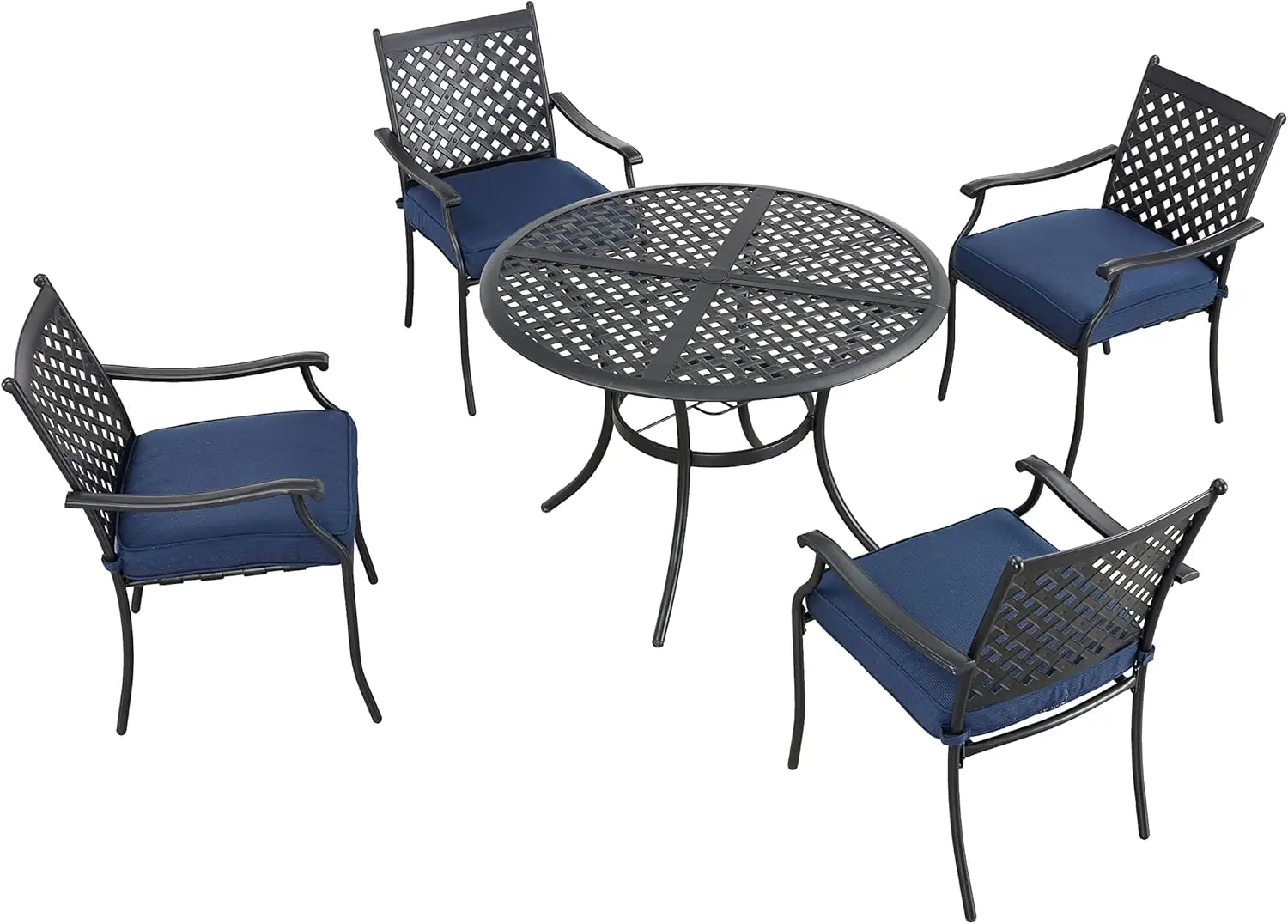 5 Piece Outdoor Patio Metal Dining Set with 4 Outdoor Iron Arm Dining Chairs with Seat Cushions and 1 Outdoor Dining Table with