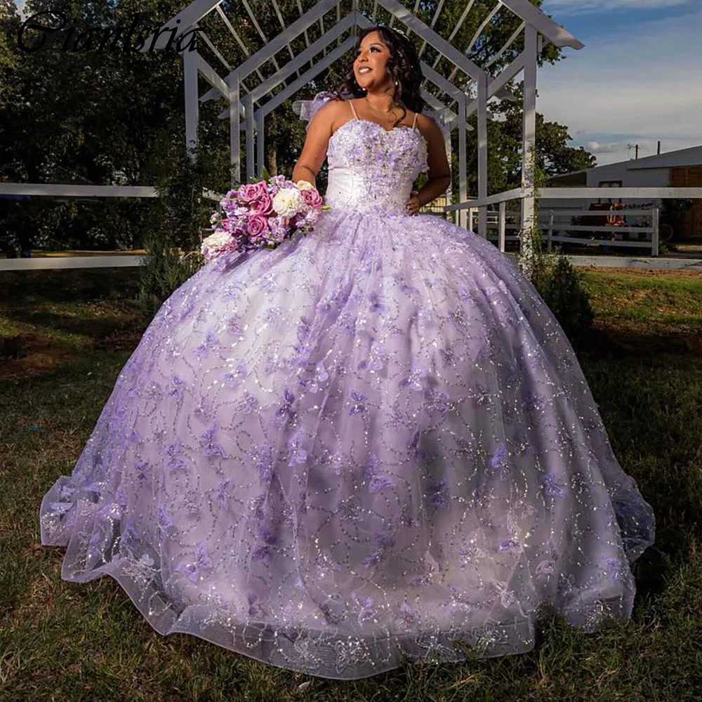 Vestidos lilas De encaje con lentejuelas para quinceañera, corsé con lazo y tirantes finos, mariposa 3D, 15 Años