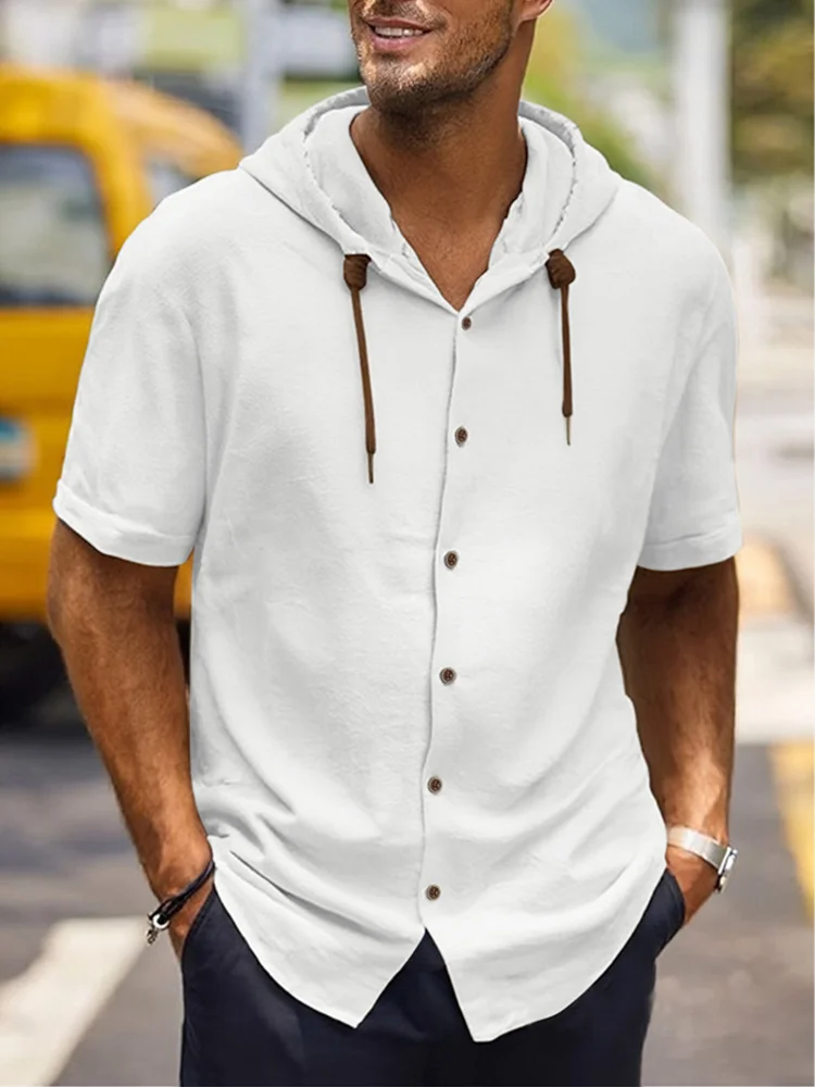2025 Men's shirts Cotton and linen Hooded short sleeved shirt Breathable casual lightweight cardigan jacket Hot sale Men's wear
