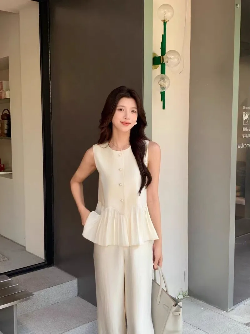 

New Fashion Summer Satin Women's Two Piece Set Elegant Design Sleeveless Patchwork Vest Top + Loose Wide Leg Pants Outfit