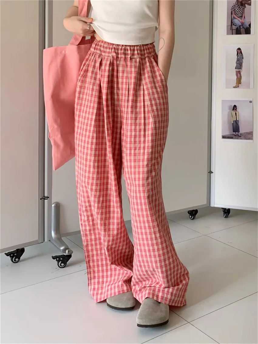 

Alien Kitty Pink Trousers Chic Loose New Women Autumn Plaid Wide Leg Casual 2023 High Waist Sweet All Match Office Lady Pants