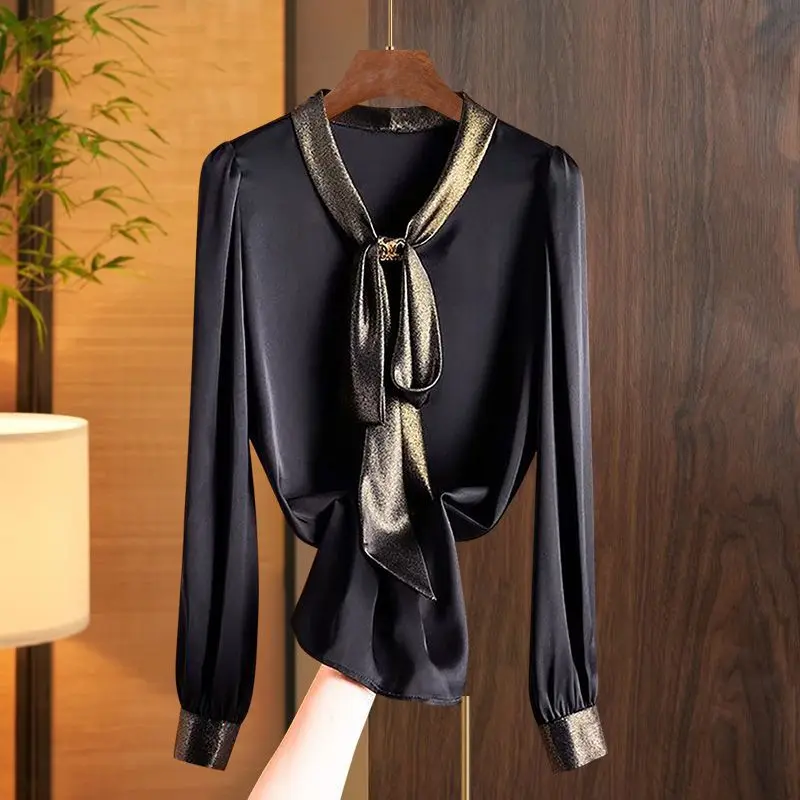 

Black Blouse 2025 Spring New Fashionable Patchwork Lacing Satin Shirts Ladies Temperament Bow V-neck Long Sleeve Top Tee Women