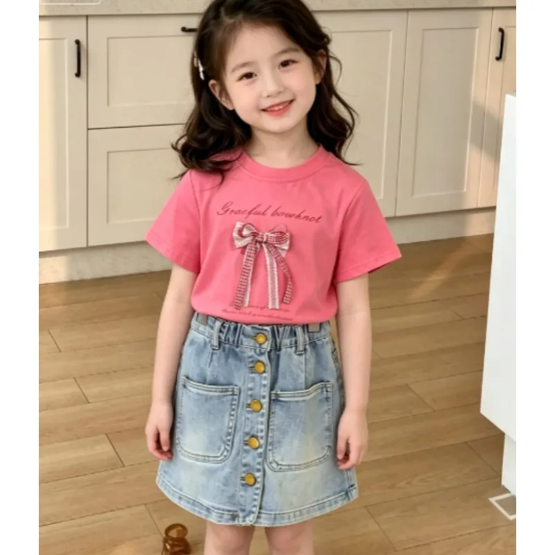 

New Baby Girls' Bow Short Sleeve T-shirt and Denim Skirt Summer Stylish Button Half Skirt Fashionable Set