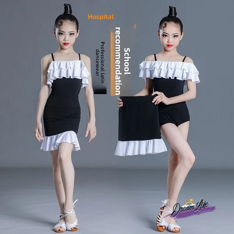 

2026 New Kids Latin Dance Practice Suit Profional Girls Bla White Splice Cetition Summer Advanced Strap Costume