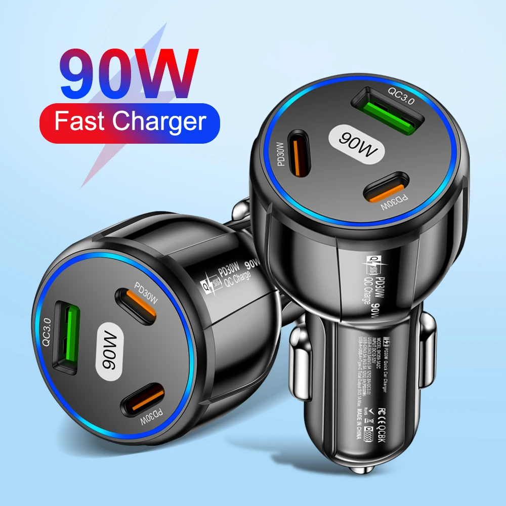 90W  Fast Charger 3 Ports PD USB Car Charging Mobile Phone Type-C Adapter Quick Charger in Car for iPhone 14 15 Pro/Max Samsung