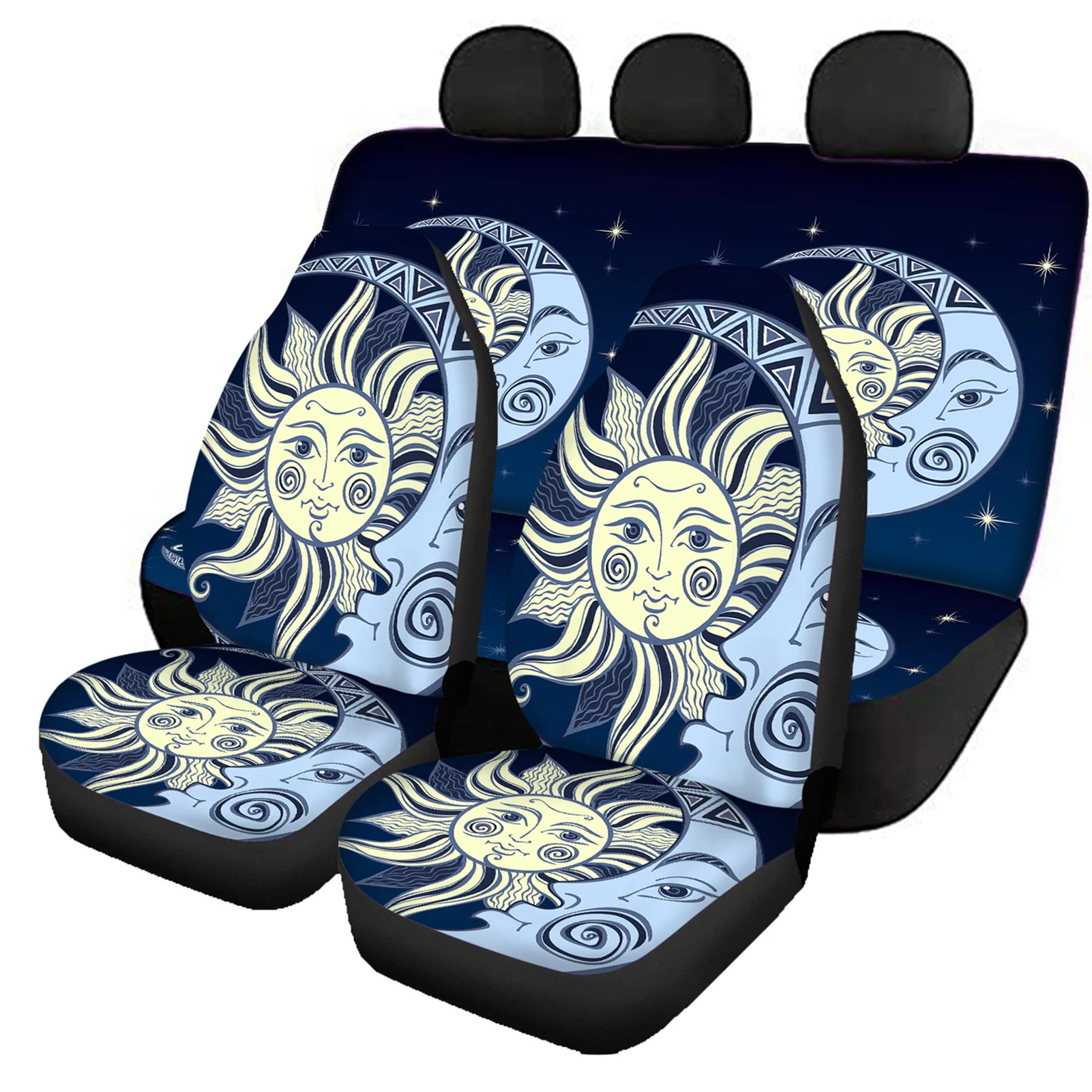 Vintage Sun and Moon Pattern Car Accessories Stainless Steel Hook Comfort Material Auto Front Back Seat Cover Set New Fashion