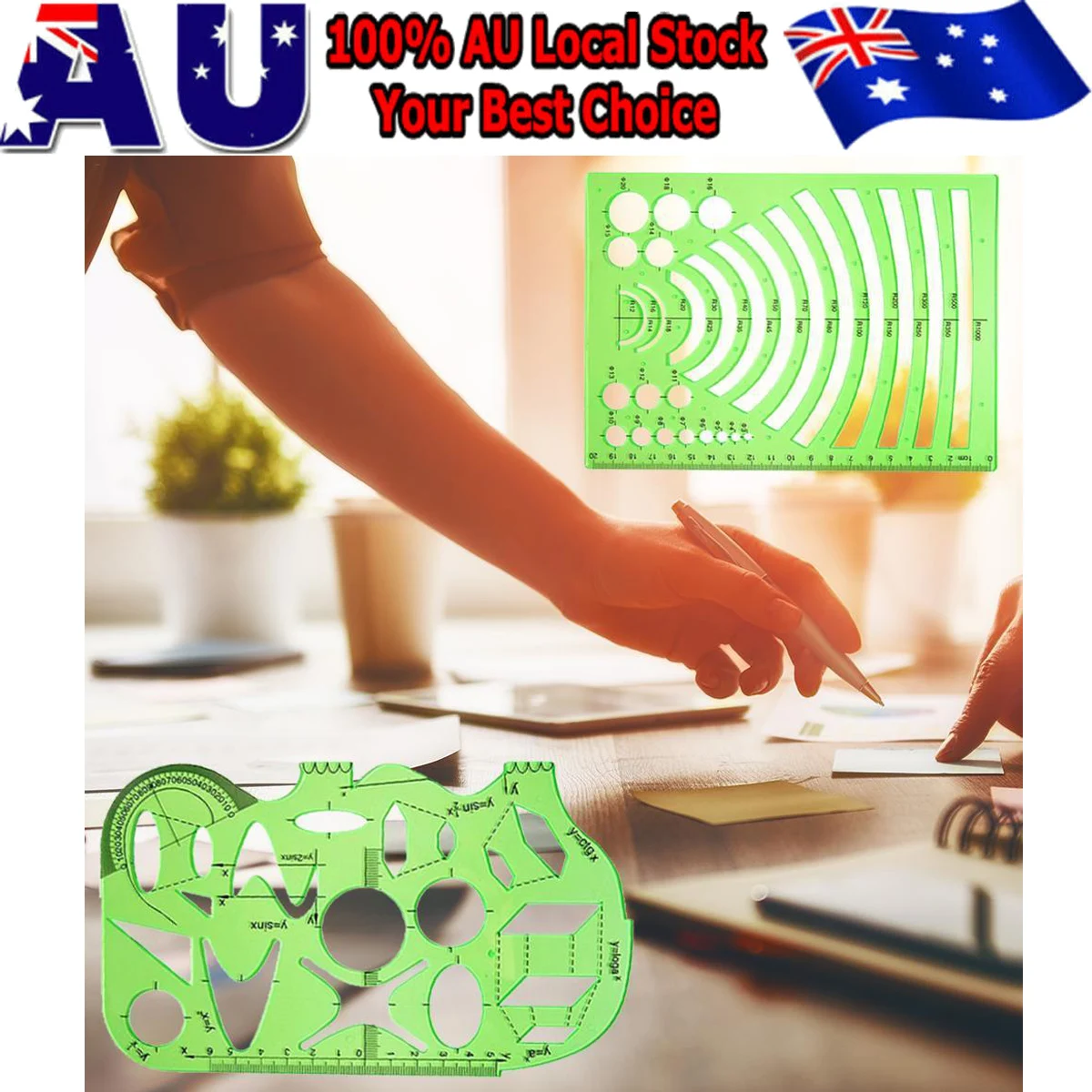 6 قطع من البلاستيك الأخضر الشفاف مجموعة مسطرة الرسم الهندسي لتصميم الفن شبكة الهندسة المعمارية الميكانيكية