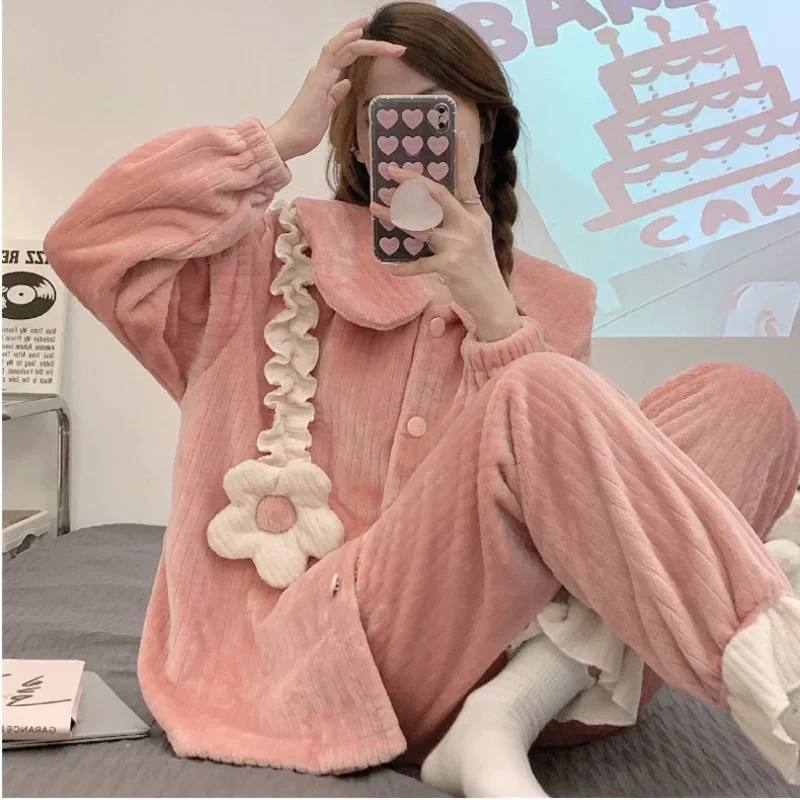 

Cute Pajama Sets Women Winter Keep Warm Sleepwear Cozy New Arrival Student Patchwork Homewear Loose Leisure Ulzzang Preppy Style