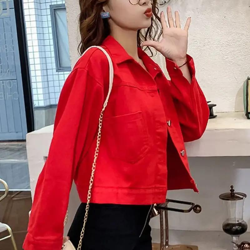 Blue Outerwears Crop Short Green Female Jeans Coat Small Plain Women's Denim Jackets 2024 Fashion Demi-season Models Streetwear