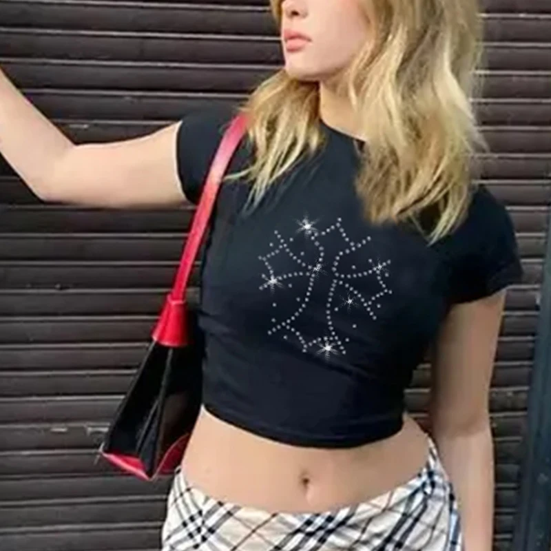 

Винтажная стильная Готическая уличная одежда в стиле панк, Детская футболка, винтажная уличная женская футболка, одежда Y2k, милый Приталенный топ для девочек