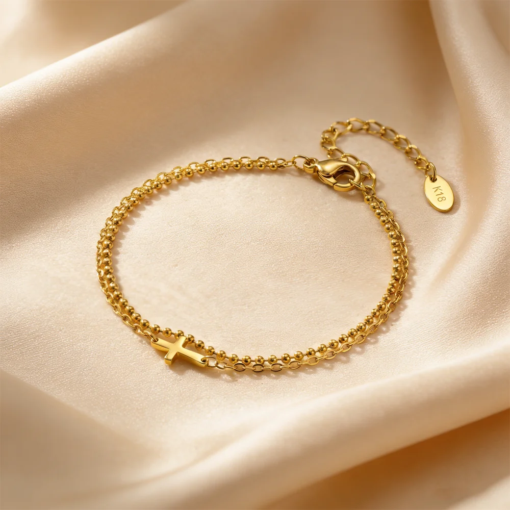 Stainless Steel Double Layer Cross Bracelet for Women Gold Plated Non Fading Beads Chain Bracelets Religious Jewelry Easter Gift