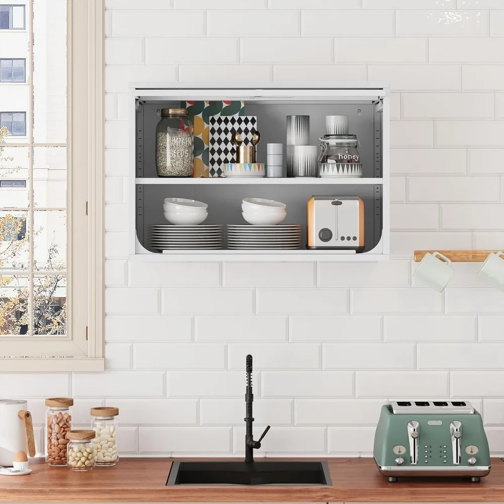 Gabinete de almacenamiento de metal blanco montado en la pared con estante y cerradura para garaje, almacén, uso doméstico