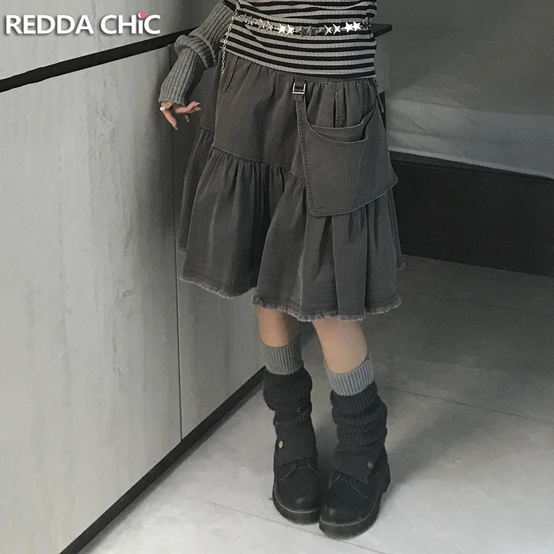 ReddaChic Women Cargo Skirt with Removable Pocket Retro Splice Do Old Ruffle Knee Long Raw Edge Denim Skirt Harajuku Streetwear