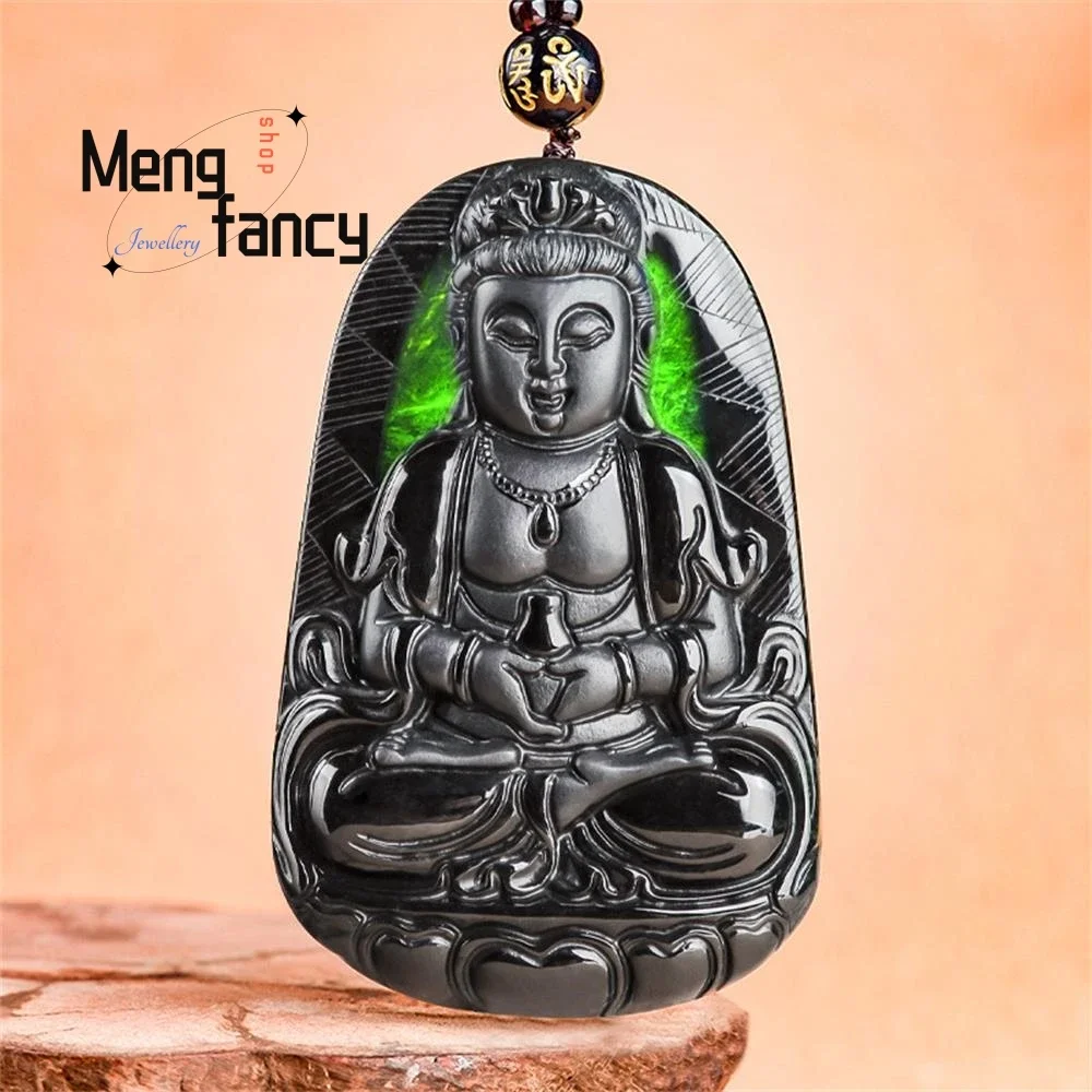 

Natural A-goods Jadeite Ink Cui Net Vase Guanyin Buddha Statue Jade Pendant Exquisite Handicraft Buddhist Amulet Fashion Jewelry