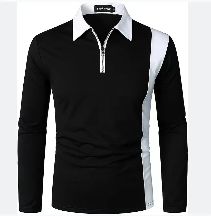 Summer Men\'s Color Matching Long Sleeve Casual Polo Shirt Fashion Two-color Stitching Fashion Men\'s Lapel Shirt Long Sleeve