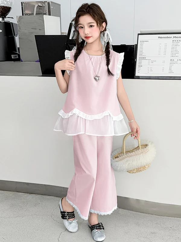 

Faionable Lightweight Summer Casual Children's Outfit Two-Piece Set for Girls Age 2 Wide Leg Pants Doll irt Cotton ort...