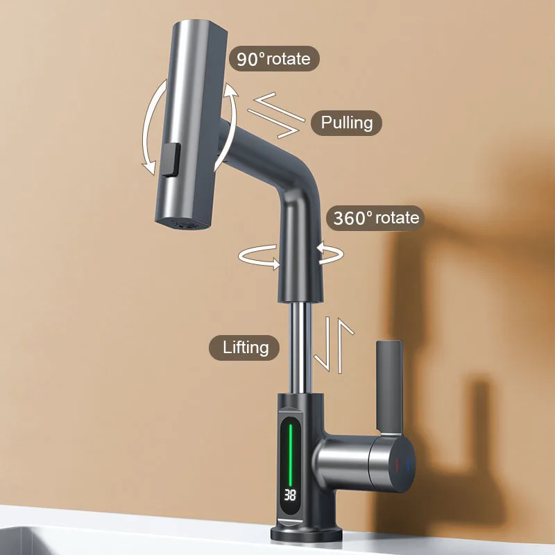 Imagem -04 - Puxando Torneira de Cozinha de Levantamento Display Digital Led Torneiras de Cachoeira Pulverizador de Bacia de Banheiro Misturador de Água Quente e Fria Torneira de Lavagem de Pia
