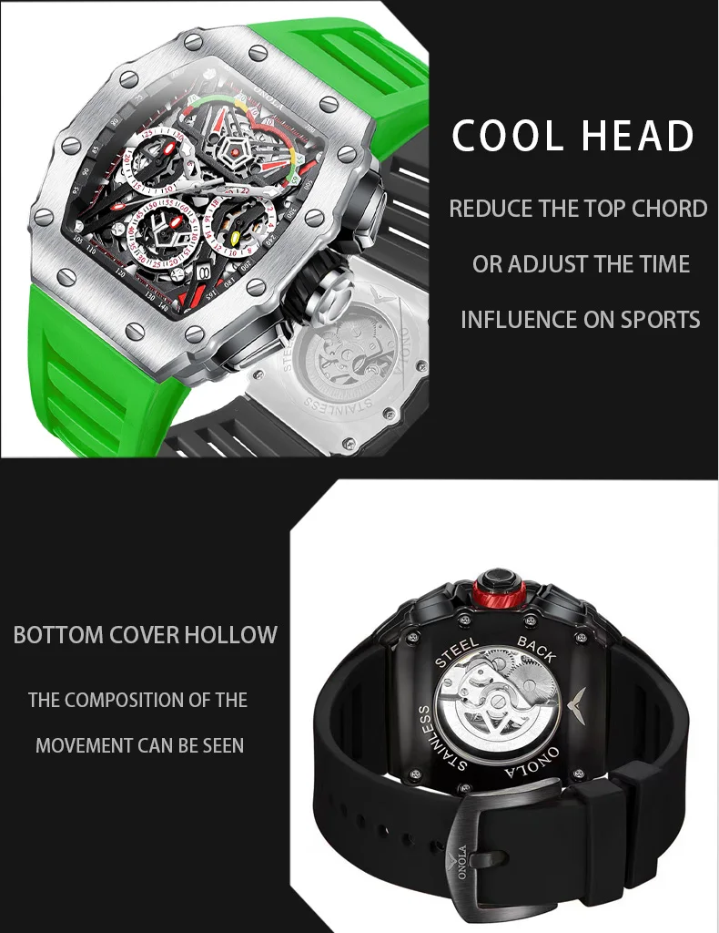 Brand ONOLA Luxury Watch For Mens Sports Silicone Strap AAA Clocks Fashion Tonneau Automatic Mechanica Wristwatches Dropshipping