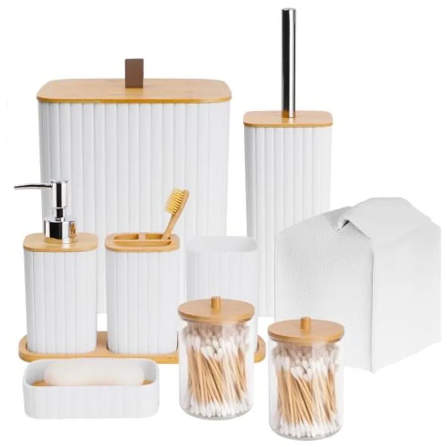 

Набор аксессуаров для ванной комнаты - 10 предметов, включая мусорное ведро, держатель для зубных щеток, стакан, дозатор для мыла, мыльницу, туалетный столик.
