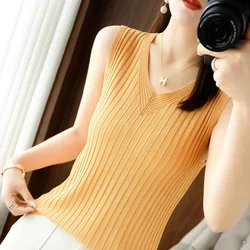 Spring Summer Women Sweater Vest Korean Fashion Slim Fit Ice Silk Sleeveless Tops Solid Knitwears Strecth Knit Pullovers Vests