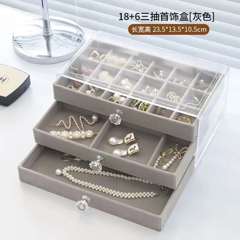 1PC 3-layer transparent plastic velvet drawer jewelry storage box with handle and display stand
