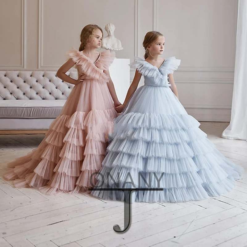 Jonany Roze En Blauwe Bloem Meisje Jurk Tiered Gepersonaliseerde Party Prom Pageant Vestido Meisje Eerste Communie Ceremonie