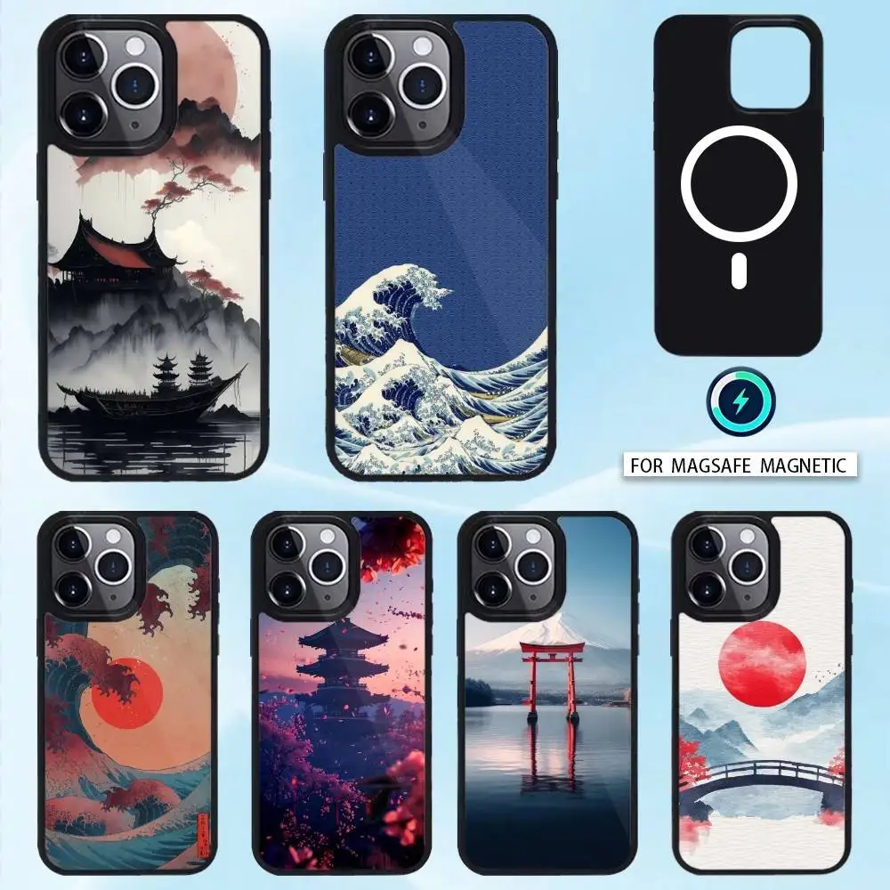

Japanese Landscape Art Elements Phone Case Magnetic For iPhone16 15 14 13 12 Pro Max For Magsafe Wireless Charging Cover