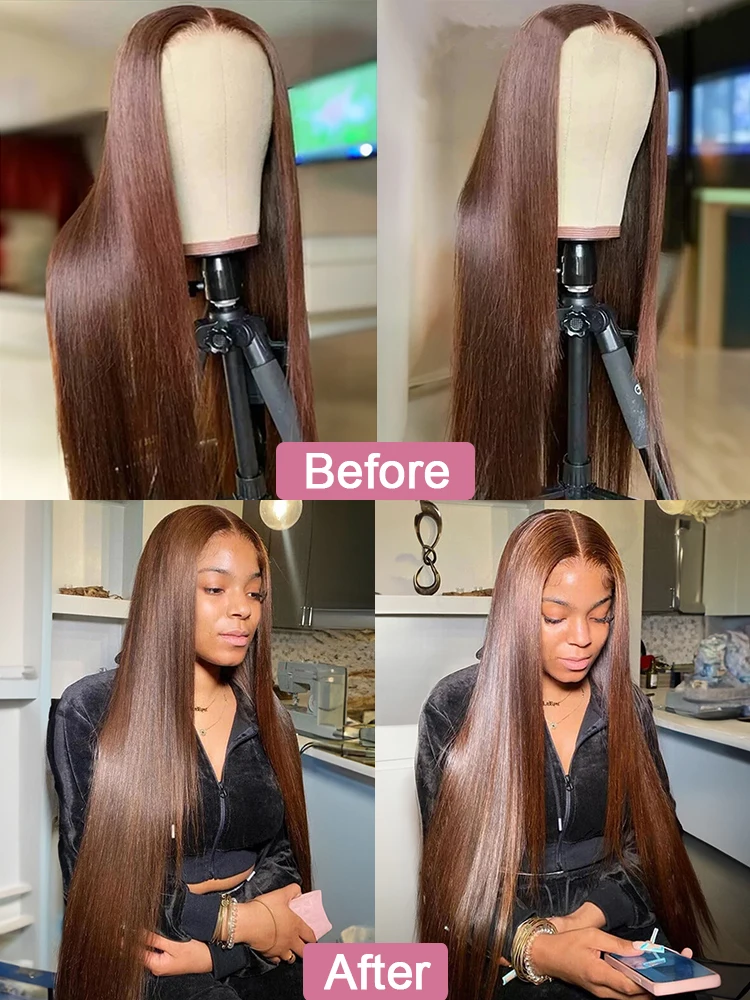 36 30 Inch Brown Straight 13x6 Hd Lace Frontal Wigs 100% Human Hair Brazilian Chocolate #4 Colored 13x6x1 T Part Wig Preplucked