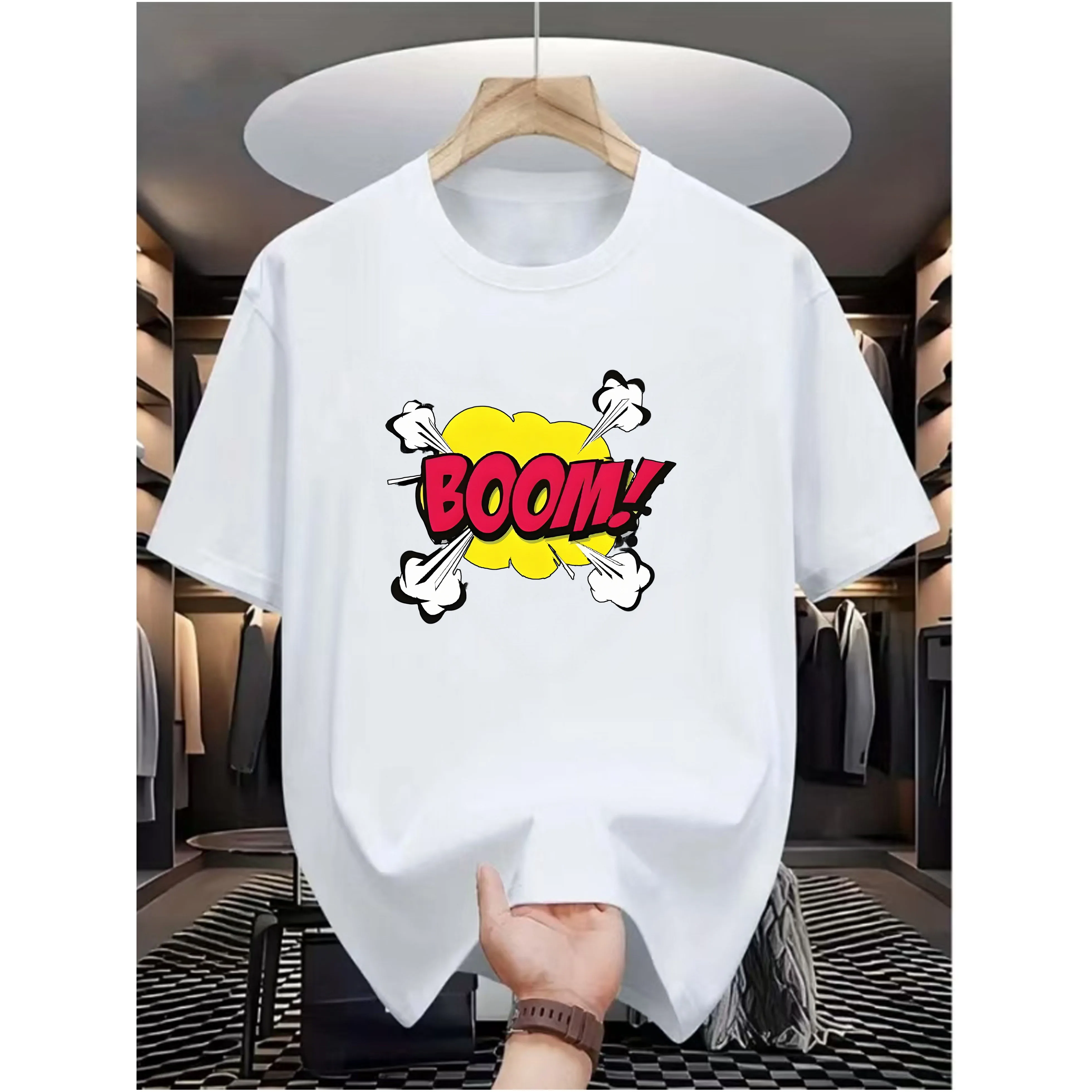 Boom Comic Print Men's Cotton Graphic Tee Breathable Casual Short Sleeve Summer Street Style T-Shirt