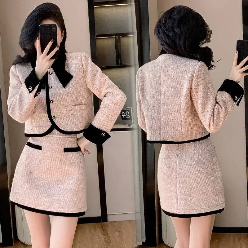 2024 Autumn Winter New Designer Padded Warm Classic Style Contrast Color Jacket High-waist Short Skirt Two-piece Suit Hot Sale