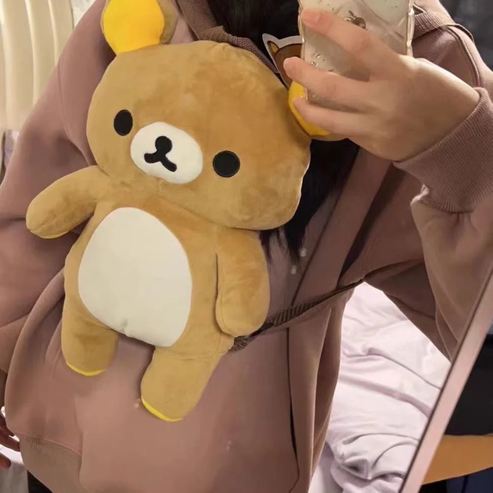 mochila-de-pelucia-adoravel-rilakkuma-bolsa-de-ombro-dupla-estilo-cartoon-tecido-io-de-poliester-uso-diario-tamanho-m