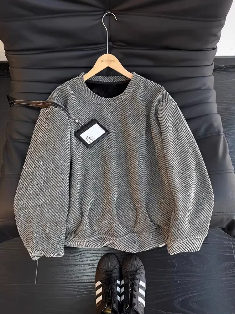 

Men's Knitted Fce Lined Long Sve Sweatirt Stand Fit Casual round Ne Heavyweight Base Layer irt Stripe Pattern