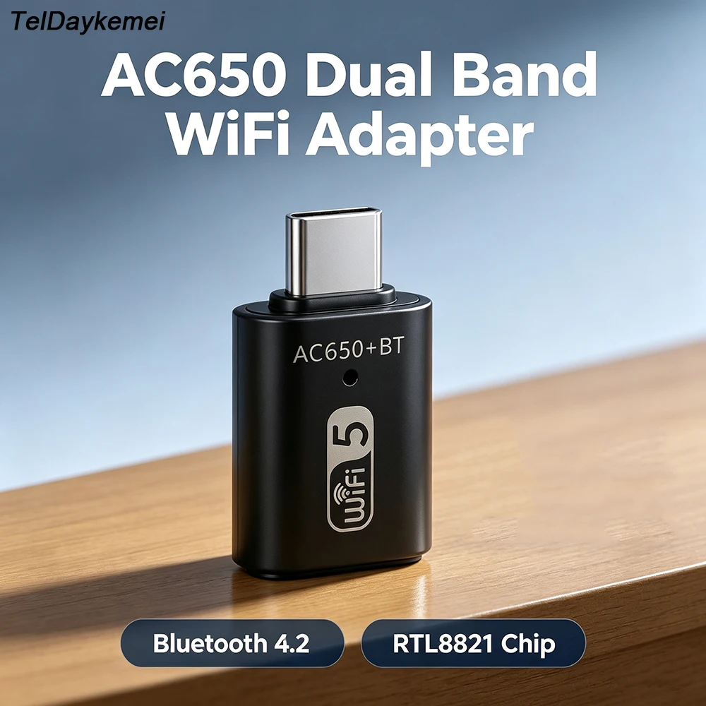 Type C Wifi AC650 Dual-Band Wireless Network Card, Driver-Free 5G High-Speed PC WiFi Receiver, USB Bluetooth WiFi Combo