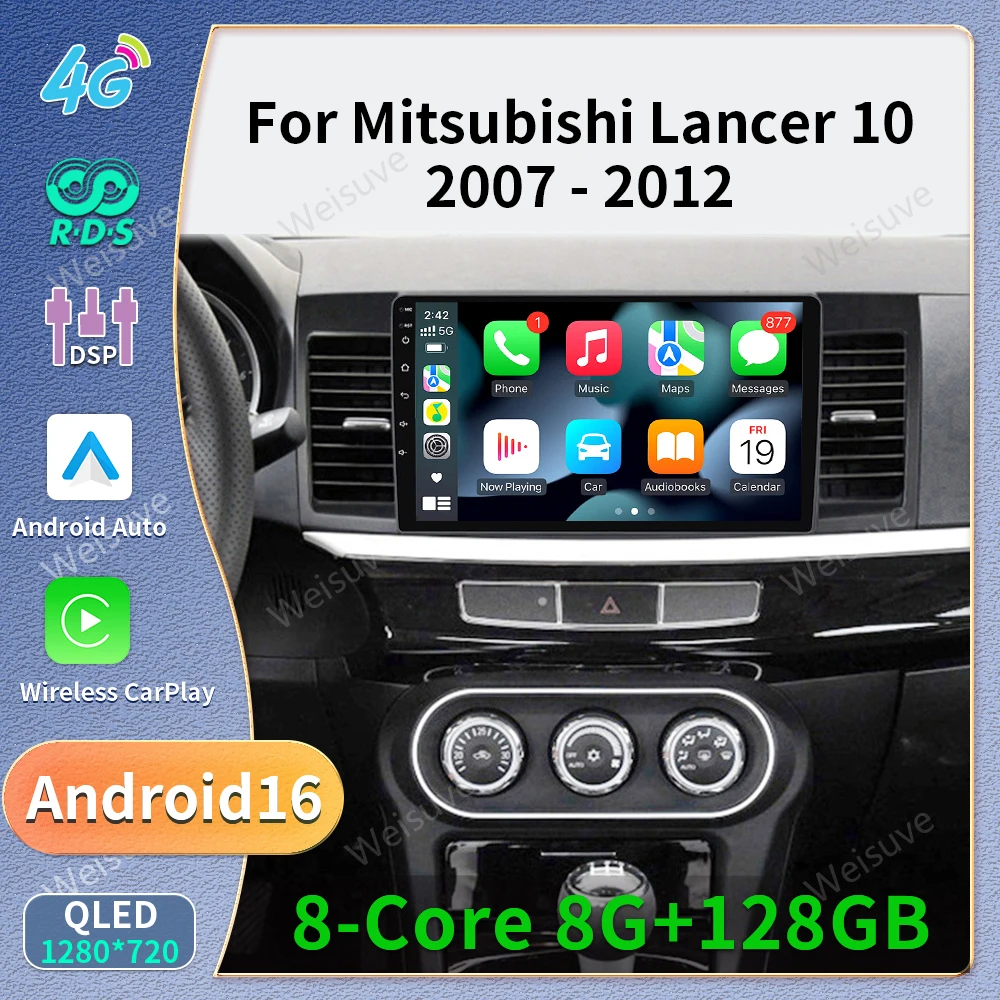 Фото 10-дюймовый автомобильный радиоприемник для MITSUBISHI LANCER 2007-2012, Android 16, мультимедиа, BT, Carplay, навигация, 2K QLED экран, Mfkj