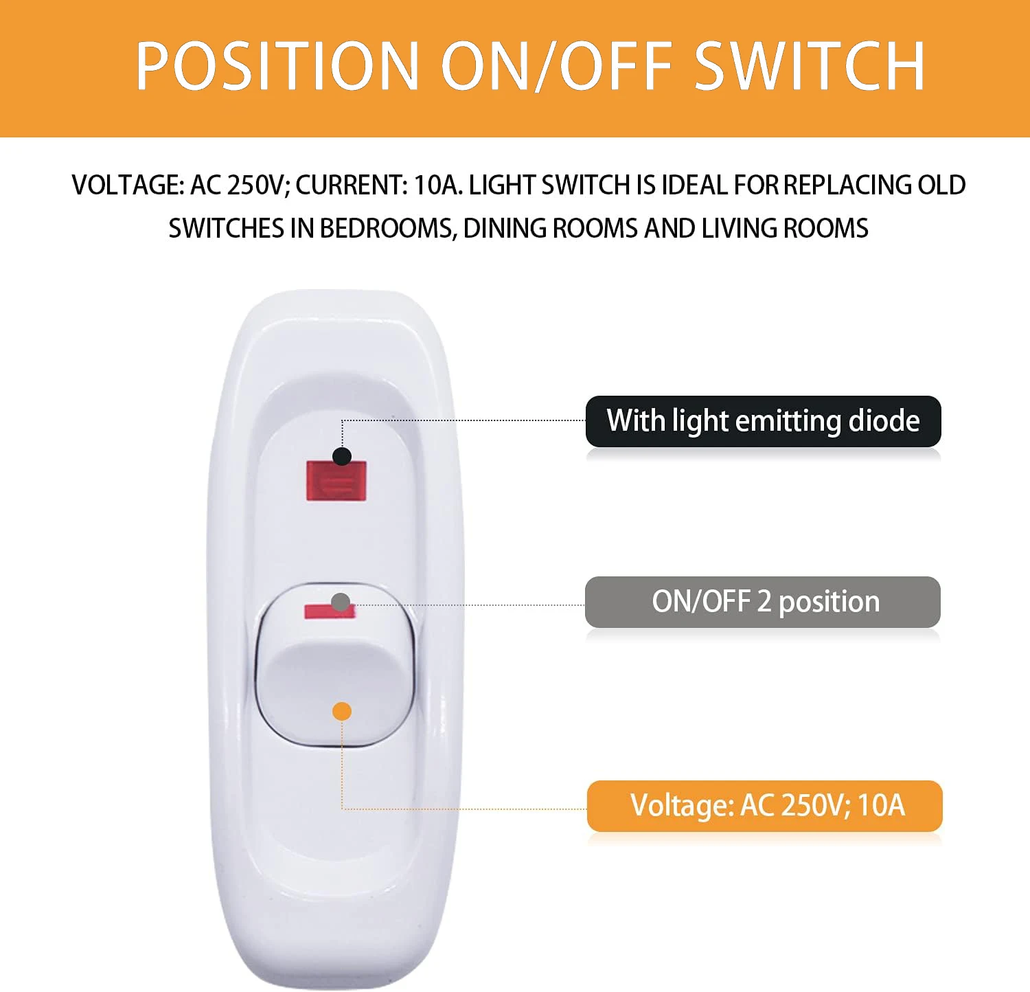 Interruttore del cavo in linea dell'apparecchio nero/bianco AC 250V 10A Heavy Duty Thru Switch On Off lampada lampadina interruttore di controllo della linea a parete