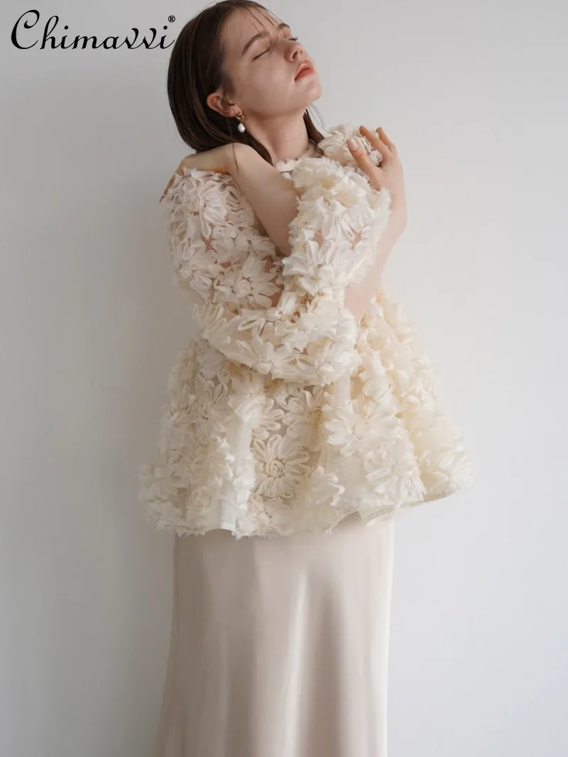 

Новинка 2025 года, японская милая принцесса, 3D цветочная рубашка с рукавами-фонариками, супер фея, свободная элегантная женская рубашка с круглым вырезом для девочек, топ