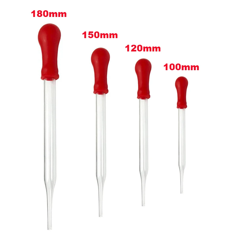 10pc Glass Dropper Red Skin Plastic Dropper Pipette Laboratory Transparent Non-toxic Teaching Equipment 100/120/150/180mm