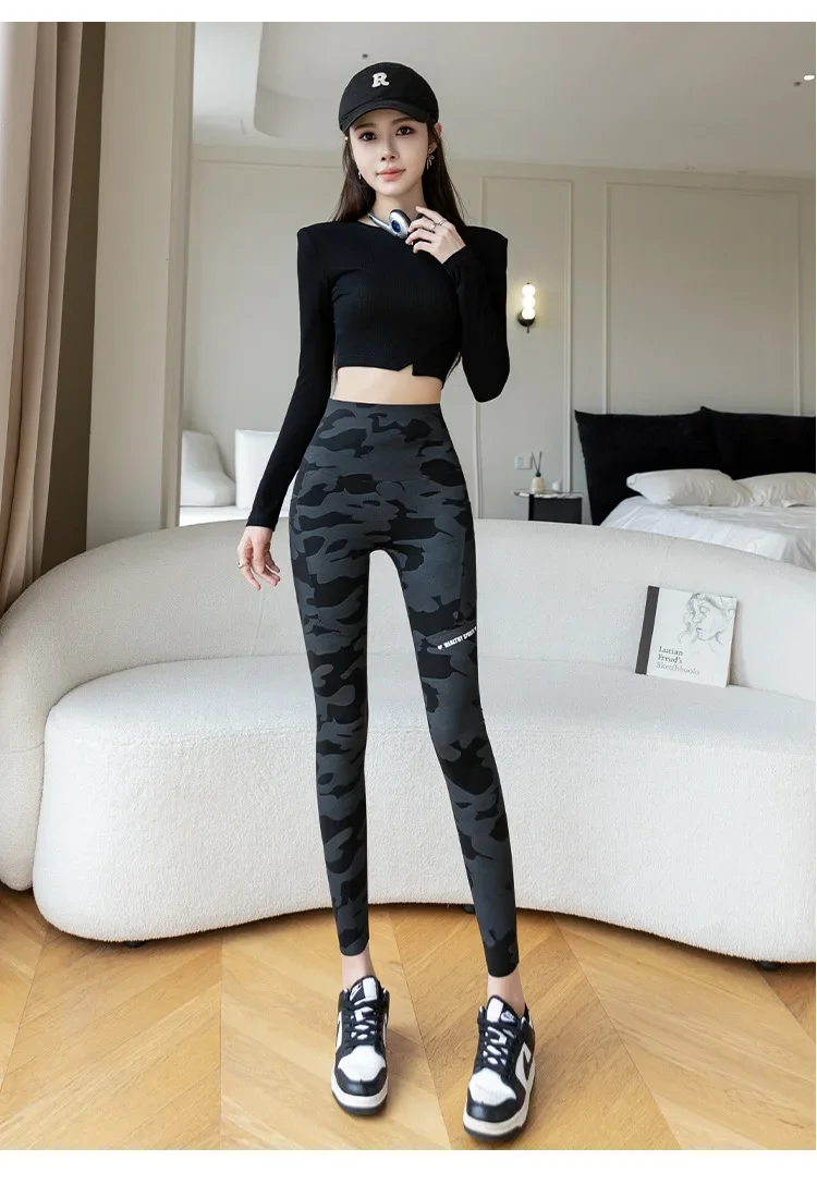Frauen Camo Shark Hosen Hohe Taille Tasche Leggings Große Größe Dehnbare Casual Hosen Mode Dünne Yoga Fitness Hosen – Detail 21
