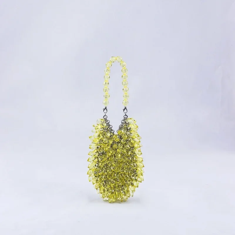 Fashion HandWoven Clear Crystal Acrylic Handbag Green Blue Yellow Handmade Summer Party Small Bucket Purse Evening Beaded Clutch