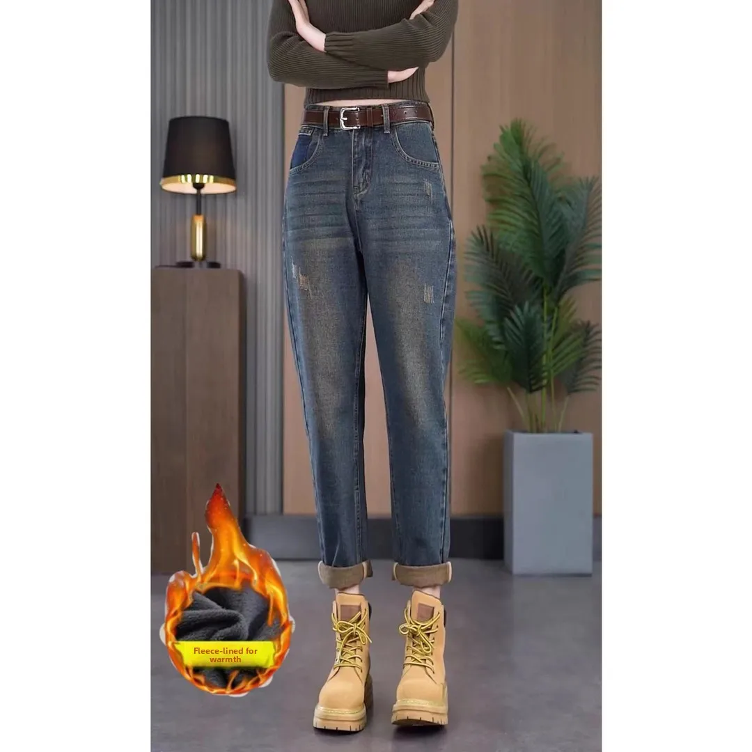 

Ретро джинсы Harlan с флисовой подкладкой и высокой талией, женские, больших размеров, для фигуры типа «груша», утягивающие, длинные брюки из хлопкового стрейч-денима