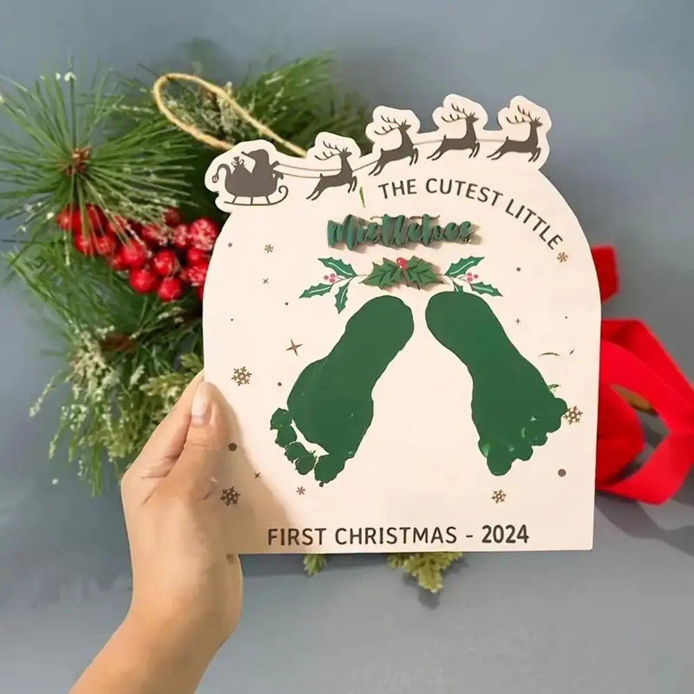 Baby First Christmas Footprint Board Infant Footprint Mistletoes Wooden Sign DIY Newborn Boys Girls Footprint Art Craft Board Ne