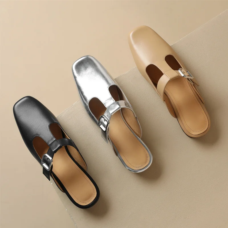 FEDONAS Concise Low Heels Women Slippers Square Toe Genuine Leather Mules Pumps 2024 Summer Casual Working Shoes Woman Sandals