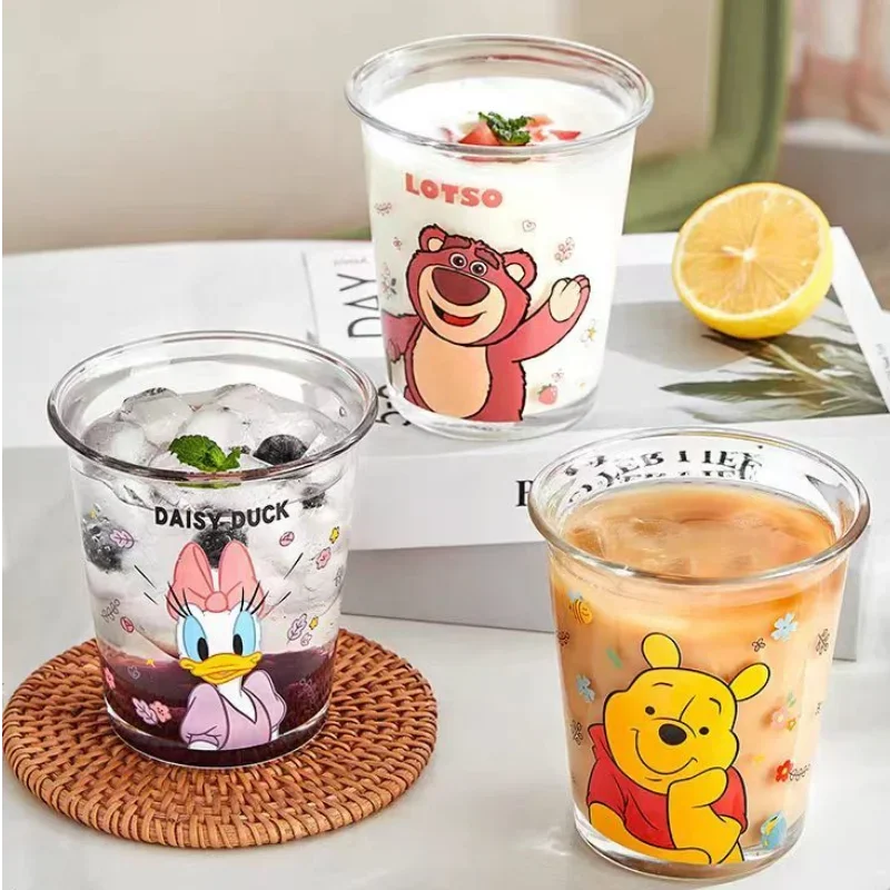 Disney-taza de agua de cristal multifuncional para el hogar, vaso creativo con patrón de dibujos animados, Winnie the Pooh, Lotso, Mickey, Minnie, Pato Donald, Daisy