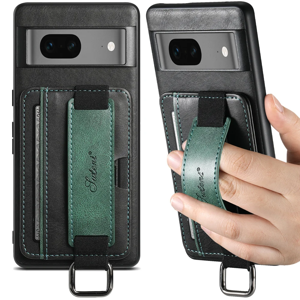 

SUTENI Luxury Wristband Grip Case for Google Pixel 6A 7A 6/7/8 Pro Shockproof Card Slot Holder Premium Leather Protective Cover