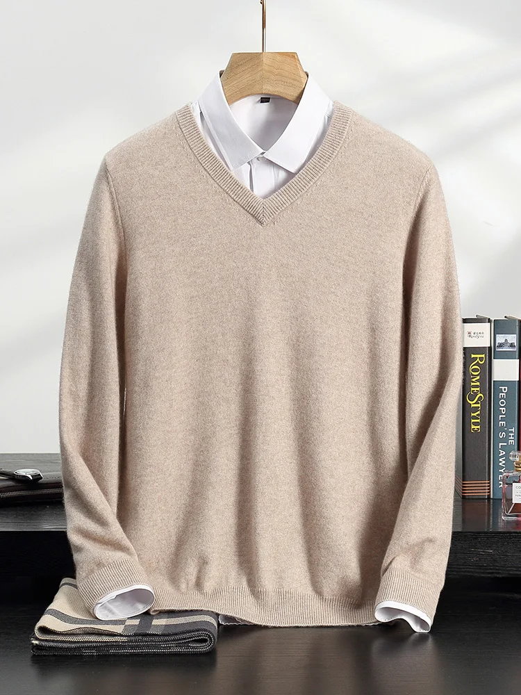 100% Cashmere Sweater Men's V-Neck Knitted Pullover Autumn Winter New Solid Color Long Sleeved Tops Basic and Versatile Menswear