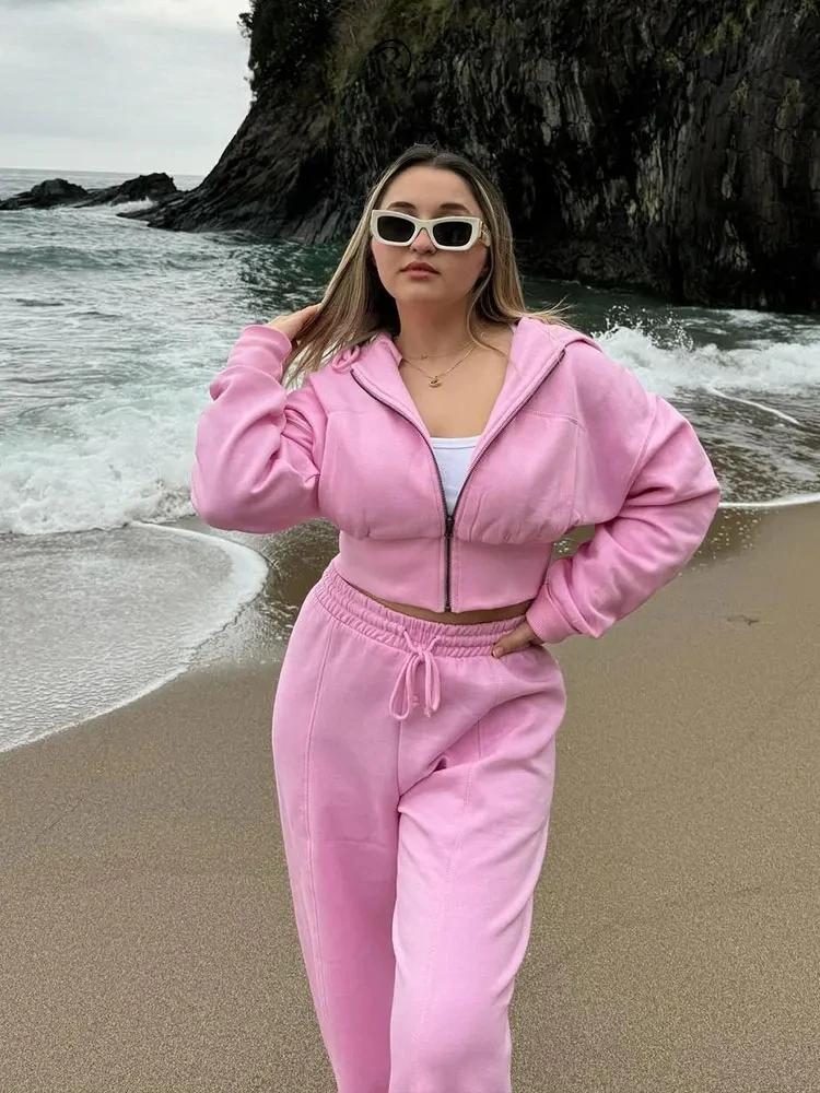 

Women Elegant Pink Hooded Sweatshirt Zipper Hoodie Female Loose Elastic Waist Wide Leg Pant Sets 2024 Spring Sport Suit