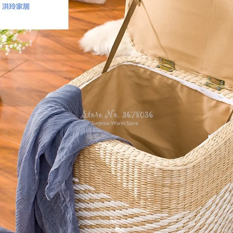 Handmade Straw Solid Wood Shoe Changing Stool Ottoman Rattan Storage Chair Dual-Use Foot Stools Sofa Seat