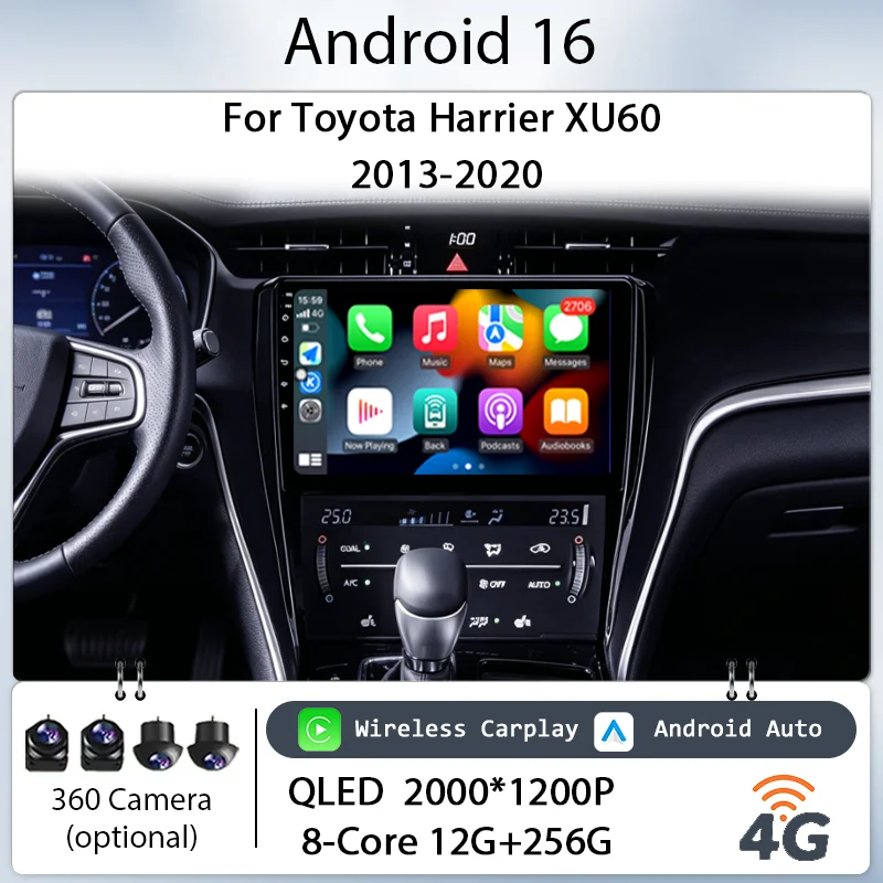Auto-Stereoanlage IPS HD Touchscreen Audio 10 Zoll Android 16 Wireless CarPlay GPS Navi Bluetooth 4G DSP für Toyota Harrier XU60 2013-2020