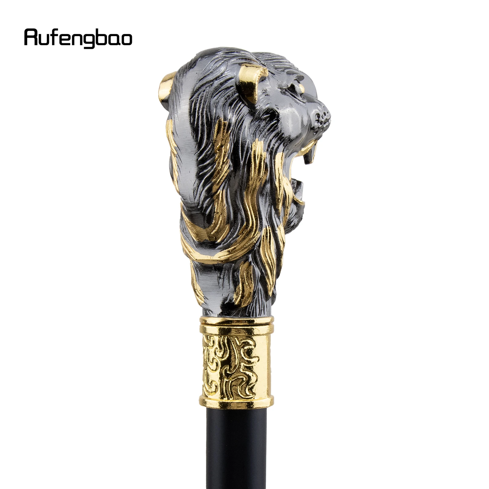 Golden Black Lion Head with Mustache Single Joint Walking Stick with Hidden Plate Self Defense Fashion Cane Plate Crosier 93cm